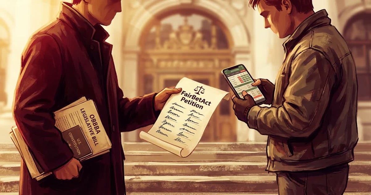 A bettor at a desk with tax documents and a laptop showing fairbetact.com — civic action, not corporate polish