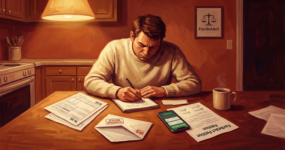 A figure seated at a kitchen table in evening light writing in a notebook, surrounded by tax documents and a W-2G form — editorial painterly illustration in deep crimson and amber